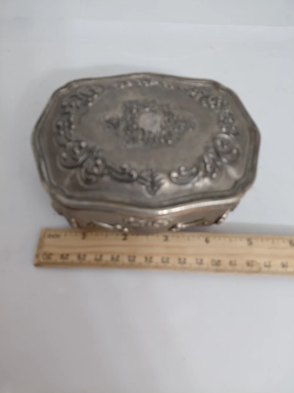 Vintage Jewelry Trinket Box Rose Design Silver Plated Footed